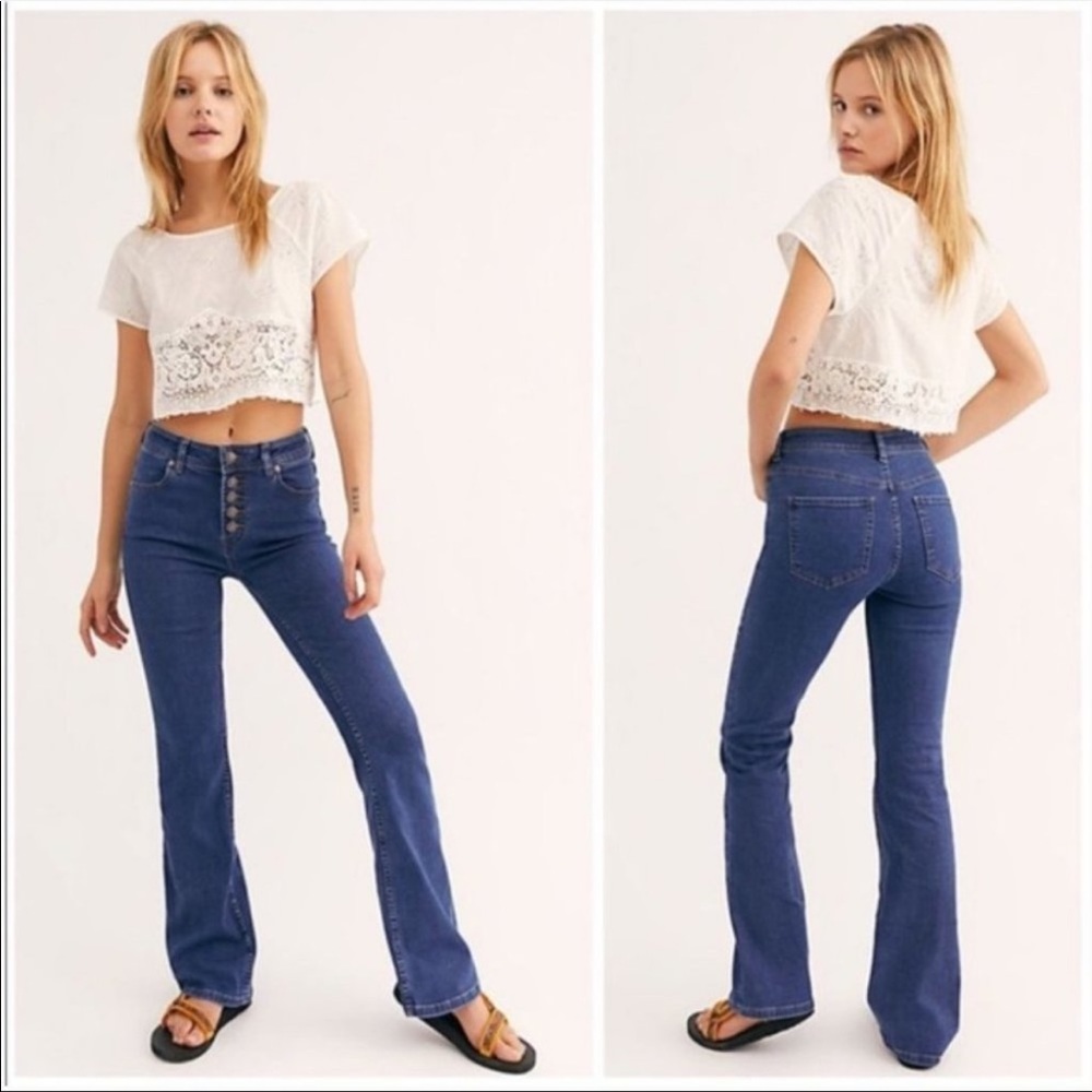 We the Free Exposed Button High Rise Flare Denim Jeans 27 Free People